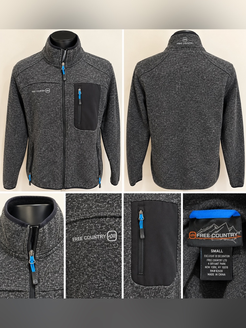 Free Country Men’s Charcoal Heather Zip-Front Jacket with Blue Accents